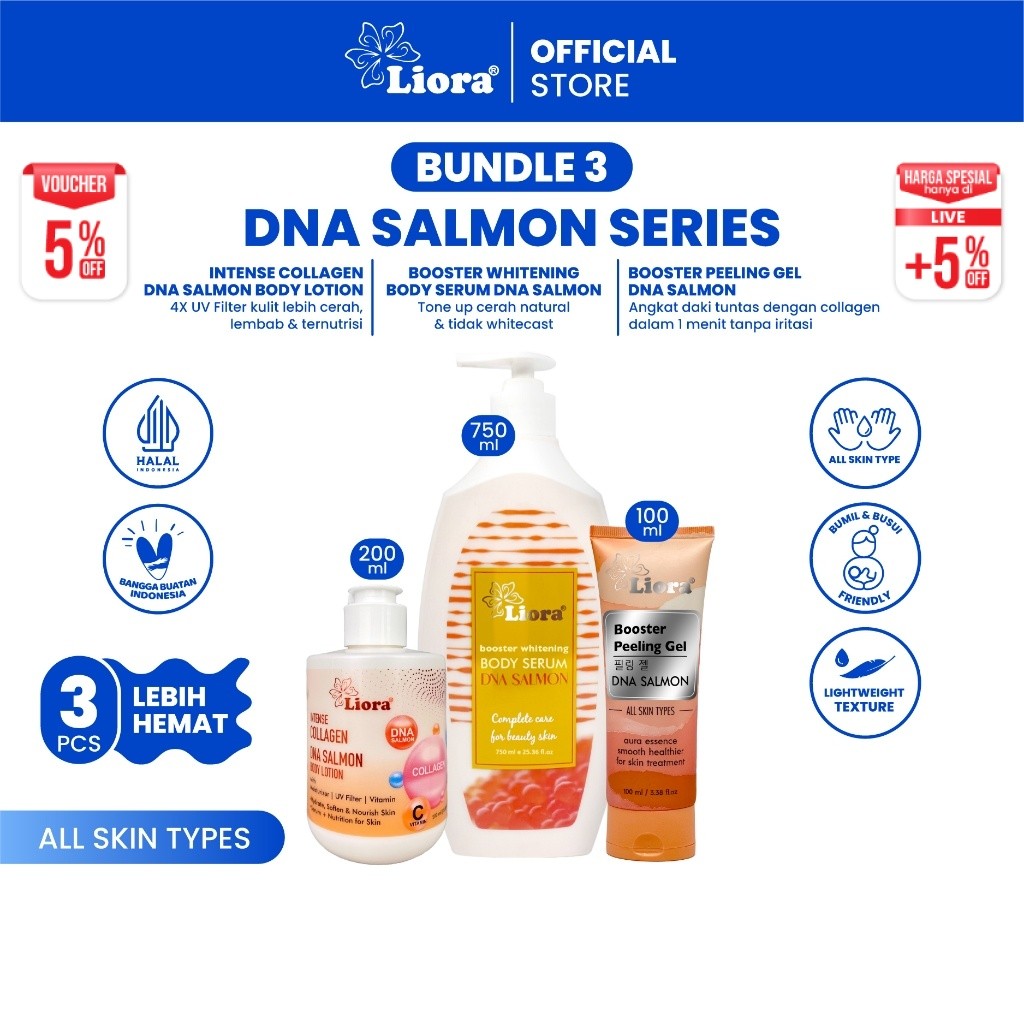 [DNA Series Set 7] LIORA - Body Serum Dna Salmon 750ml + Intense Collagen Body Lotion 200ml + Peelin