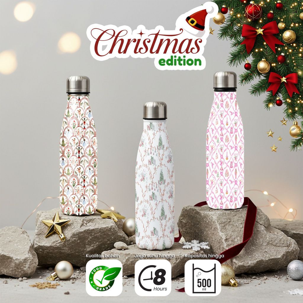 Botol Air Stainless Steel 304 Kapasitas 500ml Edisi Natal Dengan Desain Pohon Natal, Manisan Jahe, d