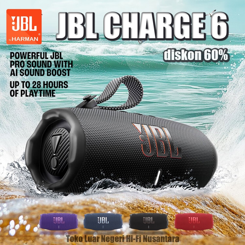 JBL Charge 6 Bluetooth Speaker original 100% IP68 28H Playtime Waterproof Garansi 1 tahun Black blue