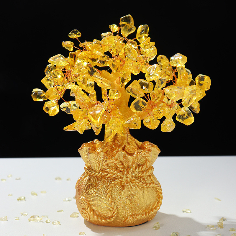 Natural Chips Citrine Lucky Tree Ore Rock Yellow Quartz Healing Crystals Money Tree Ornament Fengshu