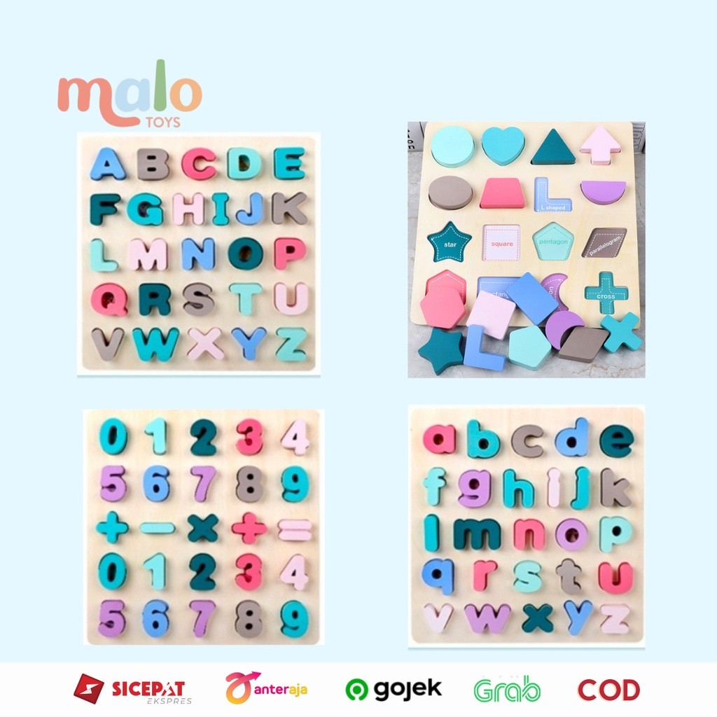 TicTac|| MALOTOYS - OHYE Chunky Puzzle Kayu Alphabet Macaron Capital Letters Lower Number Shapes 3D 