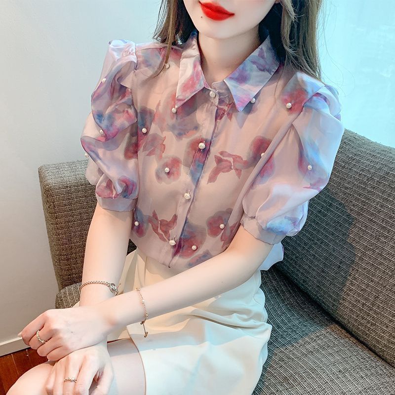 Blus sifon berpayet berkualitas tinggi untuk wanita Blus bermotif bunga