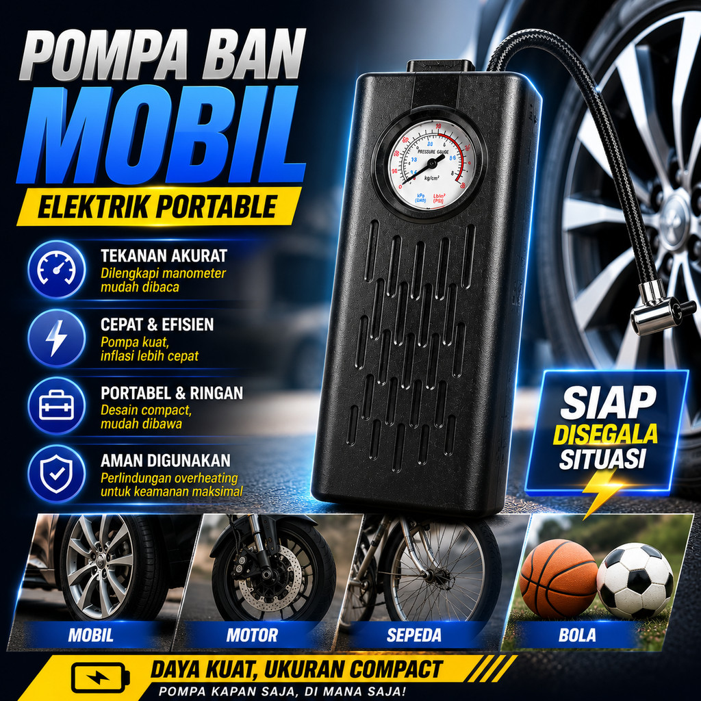 Pompa Ban Elektrik Portable Kompresor Angin Ban Mobil Motor Wired Wireless 2400 mAh Cas USB Type C I