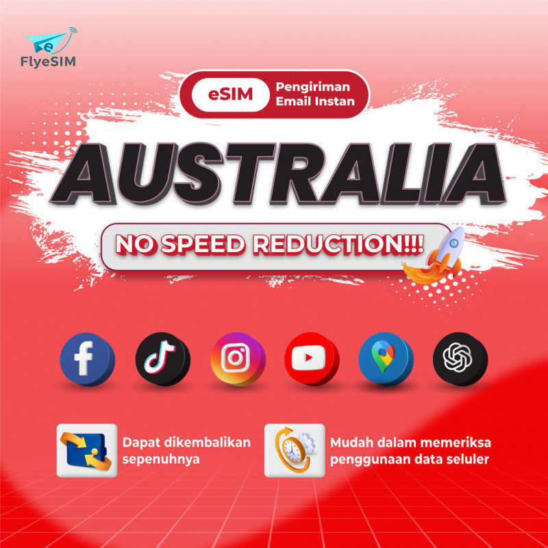 Flyesim Australia esim Roaming 5G Data | 3-20GB 3-30Hari | Instant Email Delivery | High Speed Trave