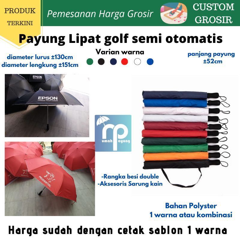 [ payung custom grosir ] payung lipat jumbo golf besar semi otomatis dengan sablon 1 warna - promosi