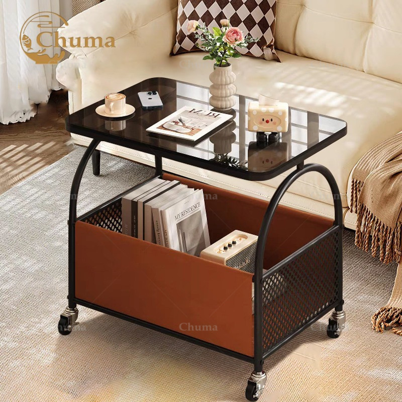 Meja Kopi Seluler Besi+Kaca Meja Tamu Rak Penyimpanan Dua Lapis Santai Meja Kopi Meja Meja Kecil Kam