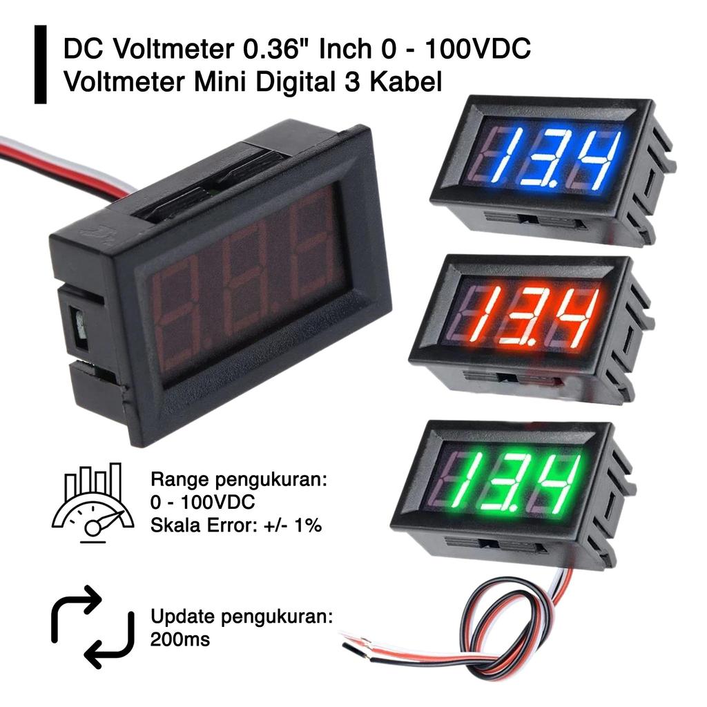 DC Voltmeter 0.36" Inch 0 - 100 V Volt Mini Digital Voltmeter 3 Kabel