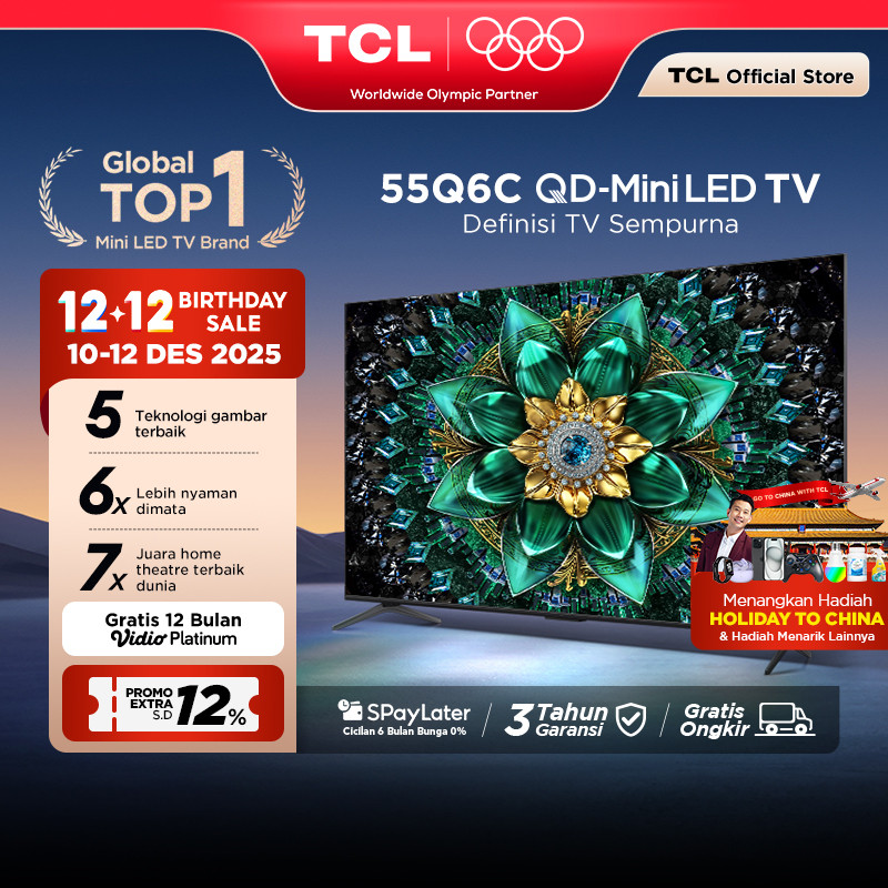 TCL 55 Inch QD-Mini LED TV Q6C - AiPQ Pro Processor - 6in1 Healthy Eye care - 144Hz - Smart Android 