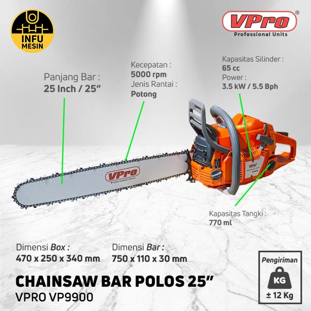 CHAINSAW Vpro VP9900 SENSO 25" Gergaji Kayu 25 inch Bar Laser