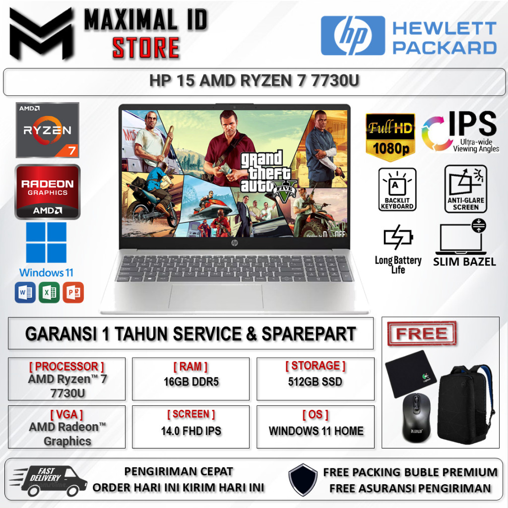 Laptop Hp 15 AMD RYZEN 7 7730U 16GB 512GB 15.6 FHD IPS Touch Win11Home