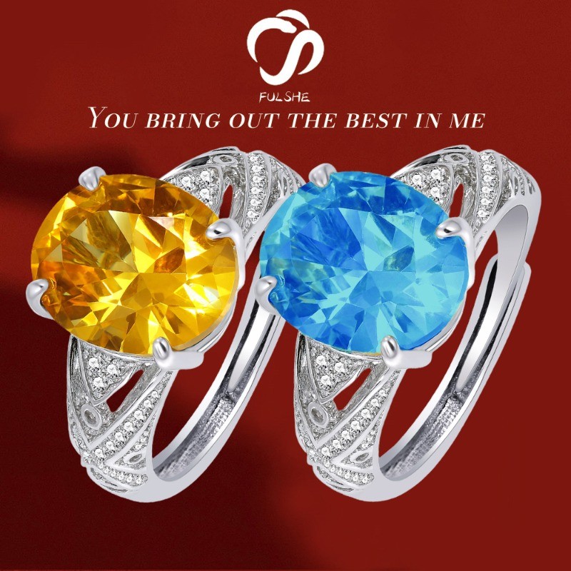 FULSHE Cincin Berlian Zircon Biru 5A Kristal Kuning Bentuk Telur Wanita Batu Permata Berwarna Baru U