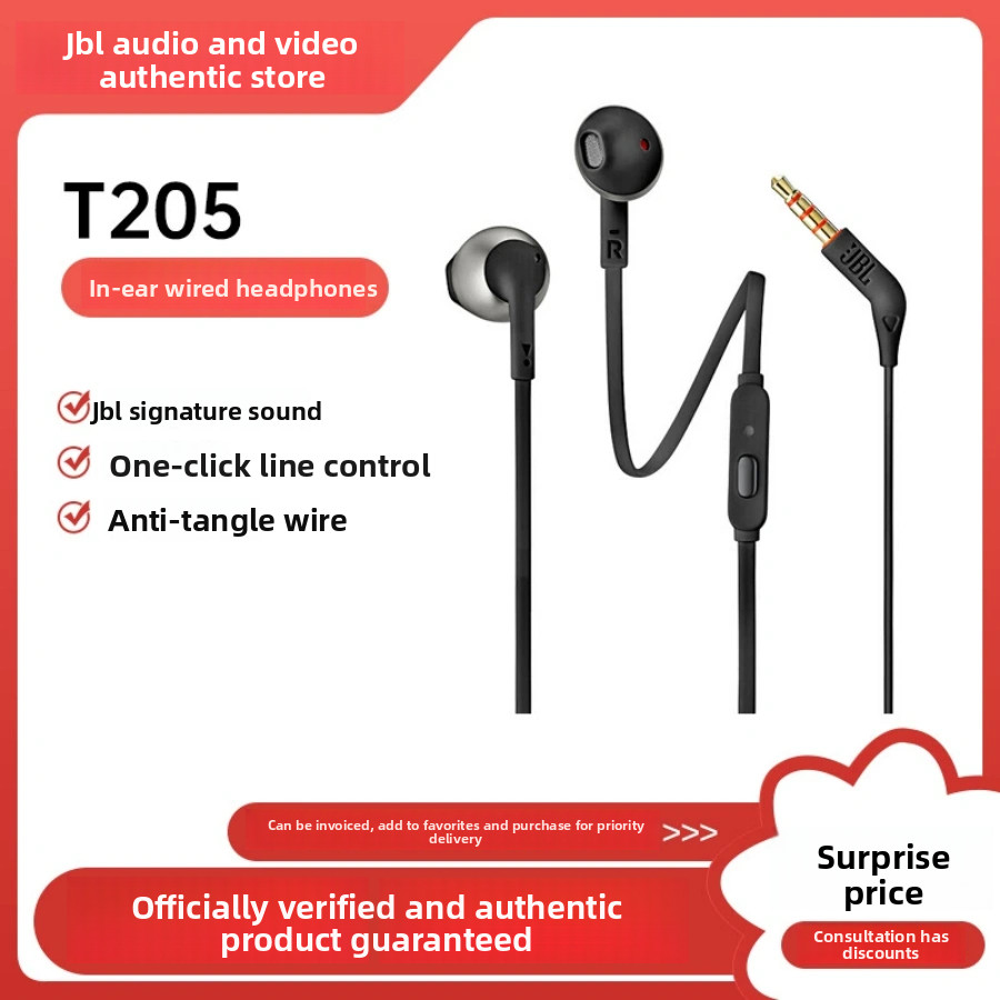 Genuine JBL T205 -In-Ear Headphones Over-Ear Hook Wired Remote Earbuds With Mic Heavy Bass for Phone