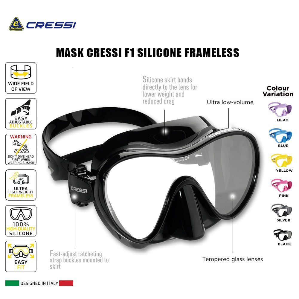 Mask Cressi F1 Silicone Frameless /  Kacamata Cressi Scuba Diving / Kacamata Selam Snorkling Single 