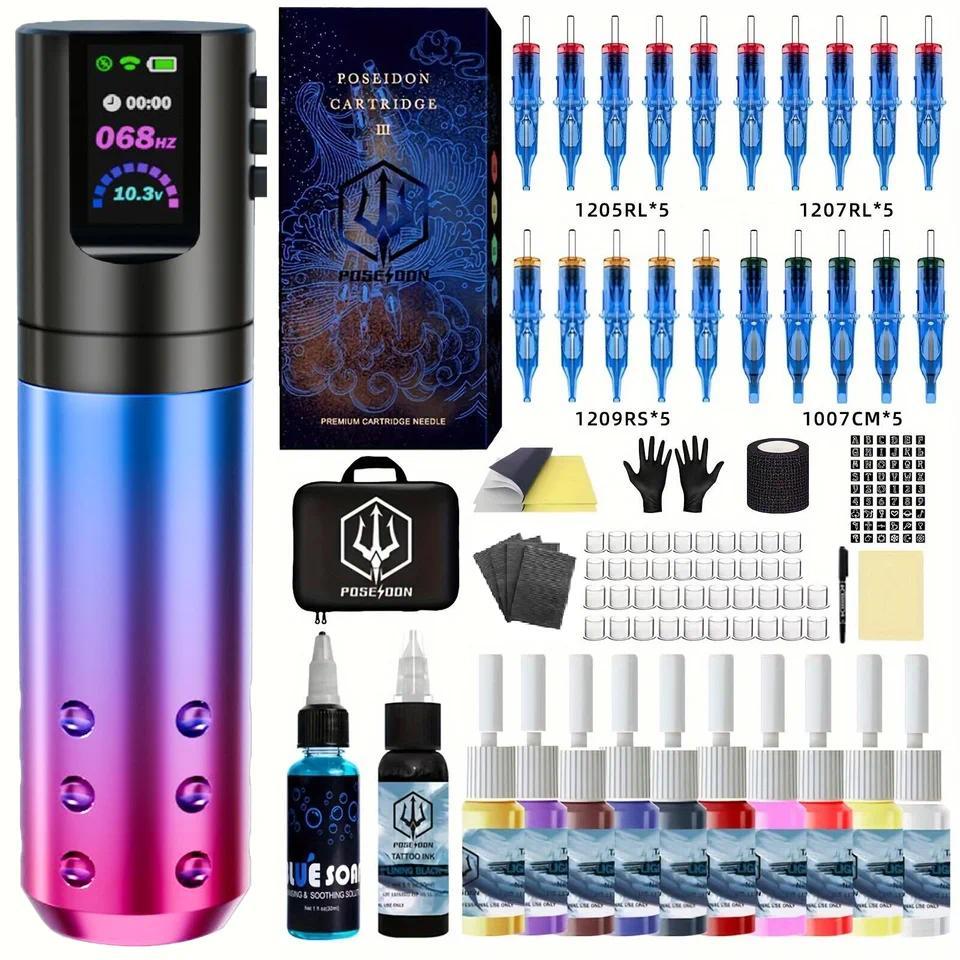 Kit Tato POSEIDON, Kit Pena Tato Warna Gradasi untuk Riasan Permanen, Mesin Tato, Catu Daya Tato Nir