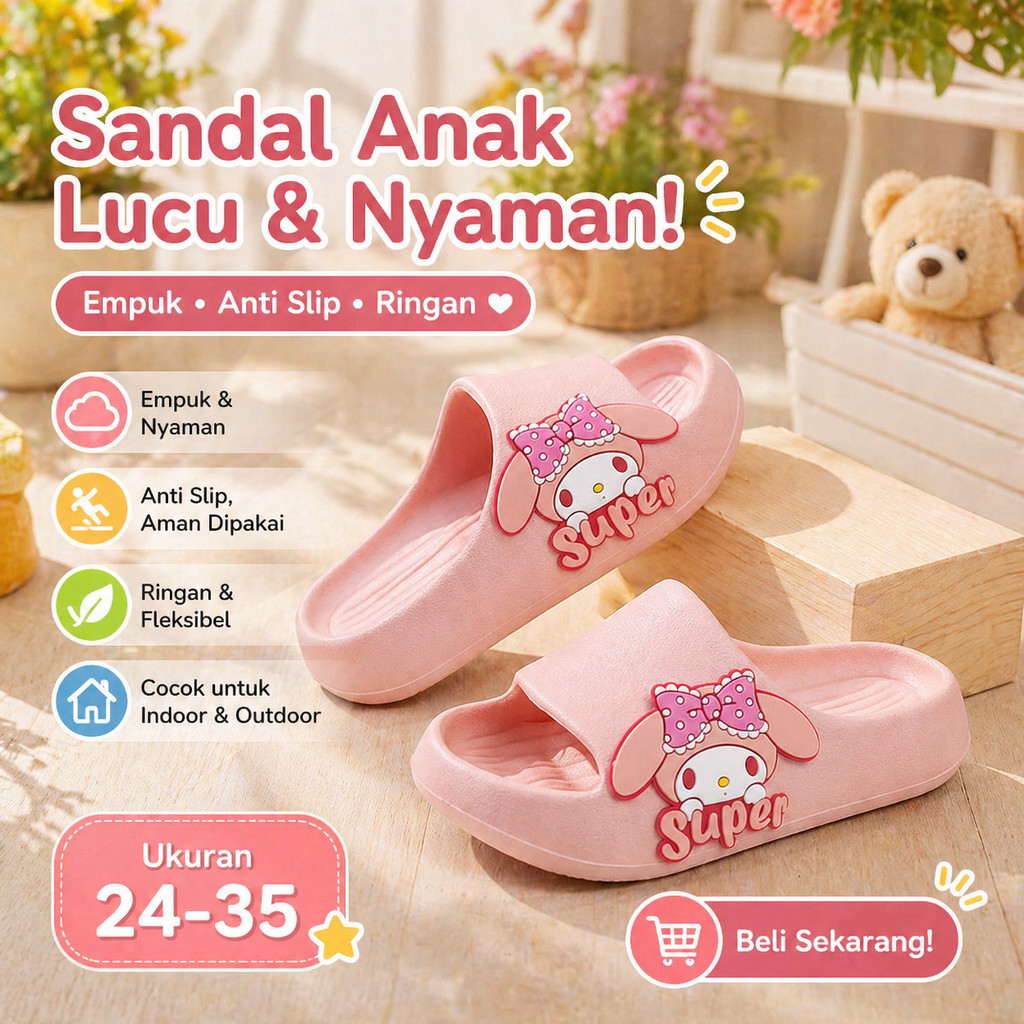 Sandal Anak My Melody Anti Slip Empuk Waterproof Sendal Rumah Kamar Mandi Nyaman