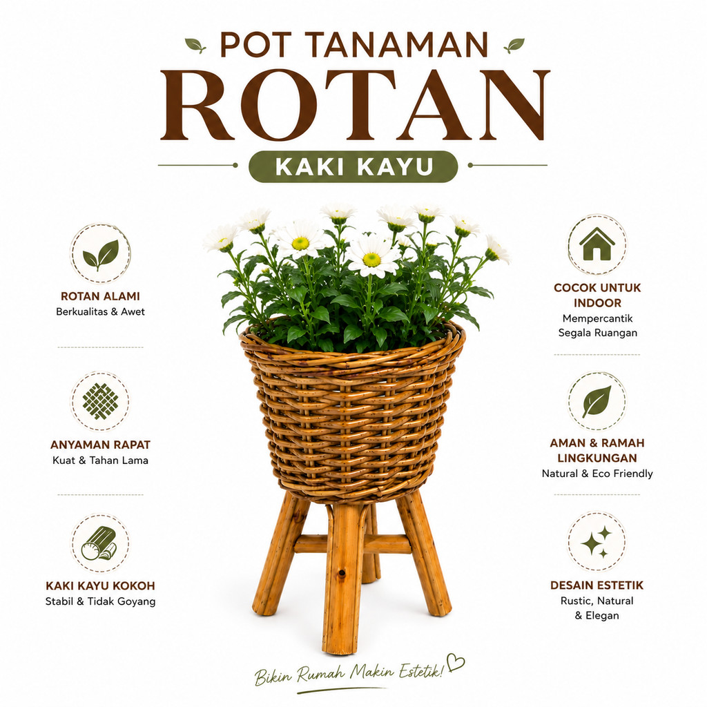 Pot Standing Anyaman Rotan Alami Natural Multifungsi untuk Tanaman Hias