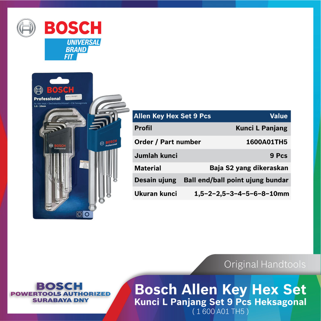 Bosch Kunci L Set Panjang 9 Pcs Allen Heksagonal Hand Tool Professional