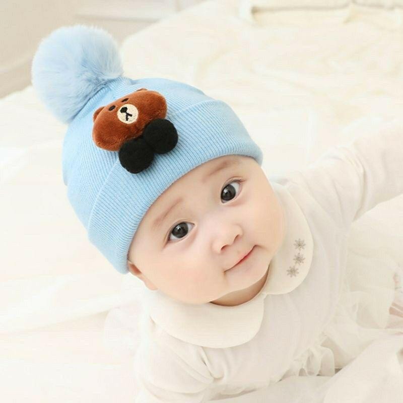 FREE Bordir Nama Topi Kupluk Pompom Jambul Bayi Motif Beruang 3D