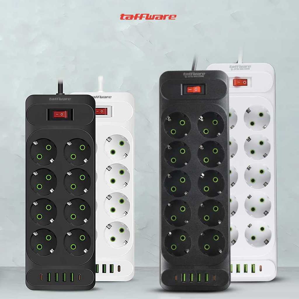 Taffware Stop Kontak 10A 110–250V 2500W / Kabel 1.8M / USB Type C / Power Strip Multi Port / Termina