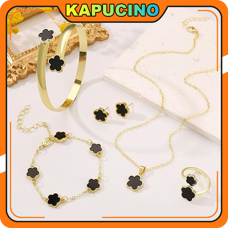 5PCS/Set Clover Titanium Vintage Perhiasan Wanita+ Anting + Kalung + Gelang(Gelang Tangan) + Cincin 