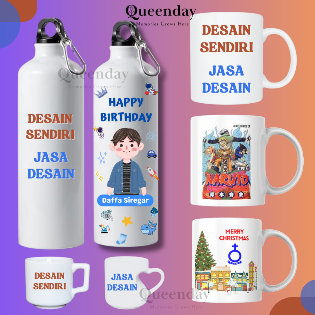 BEBAS DESIGN TUMBLER DAN MUG CUSTOM JASA DESAIN BOTOL MINUM SPORT GAMBAR FOTO KADO HADIAH NATAL