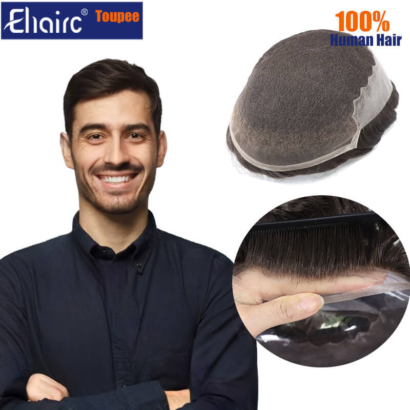 New Q6 Man Wig Lace & Knotted PU Base Male Hair Prosthesis 6" Toupee For Men 100% Soft Remy Human Ha