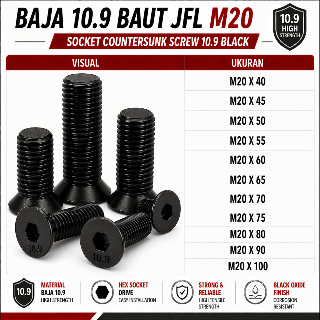 Baja 10.9 Baut JFL M20X70 / Baut Verseng L 20X70 / Countersunk L M20 X 70 / 20 X 70  - Socket Counte