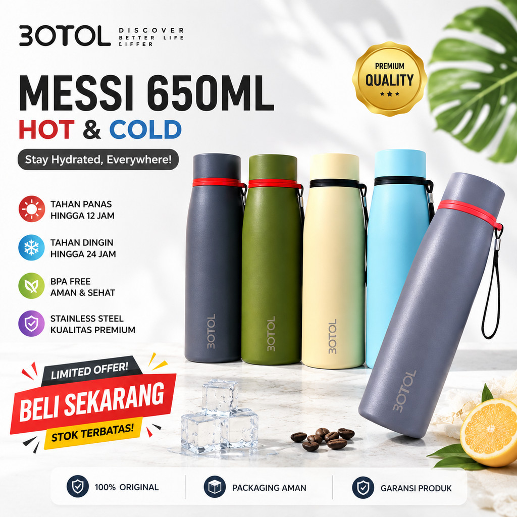 3OTOL Tumbler Termos Botol Air Minum Tahan Panas Dingin Es Batu Messi 650 ML Awet 12 Jam Vacuum Ther