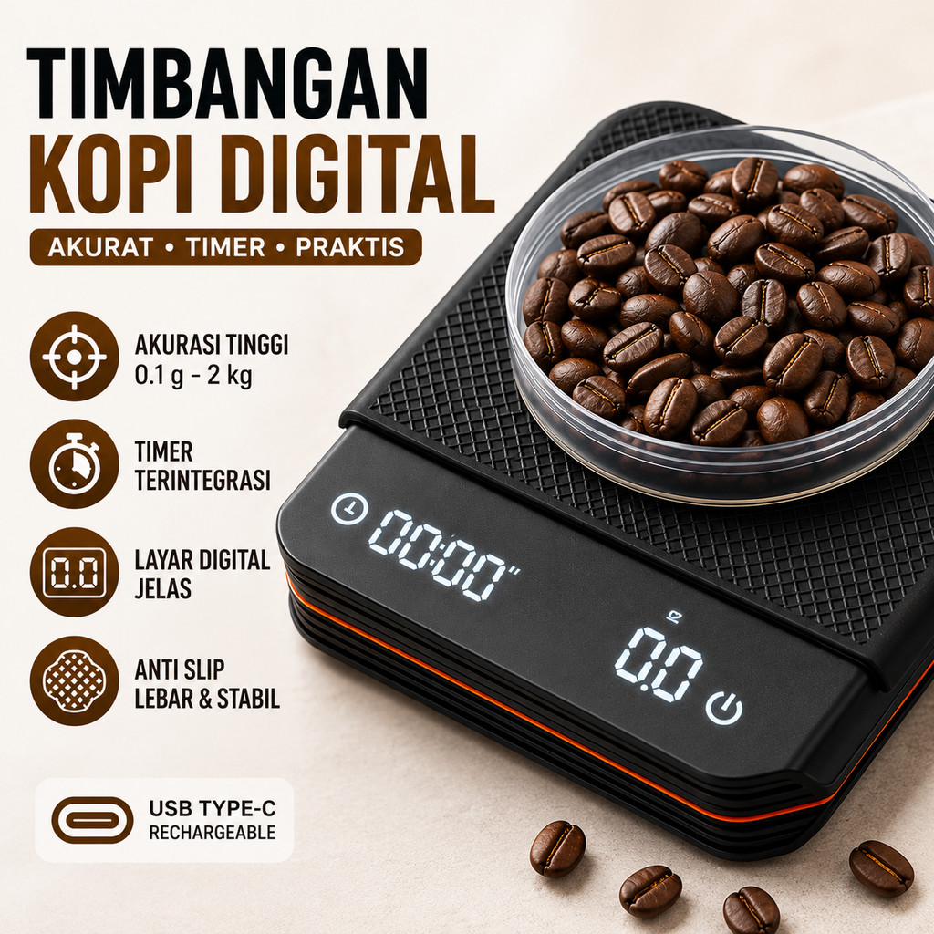 Timbangan Kopi Digital Presisi Timer Manual Brew V60 Espresso Scale Kue Dapur Akurat 01g 2kg Cas Usb