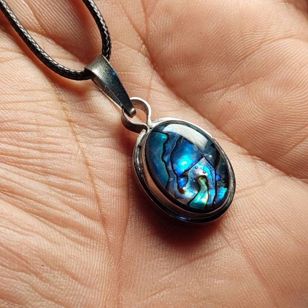 Kalung rainbow shell selandia / akik rambo cangkang kerang albalone shell Ring Monel liontin batu ta