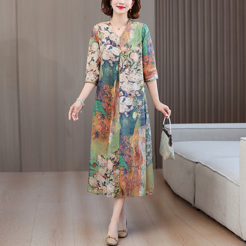 202512v Gaun Sutra Motif Bunga Elegan Musim Panas Model Baru