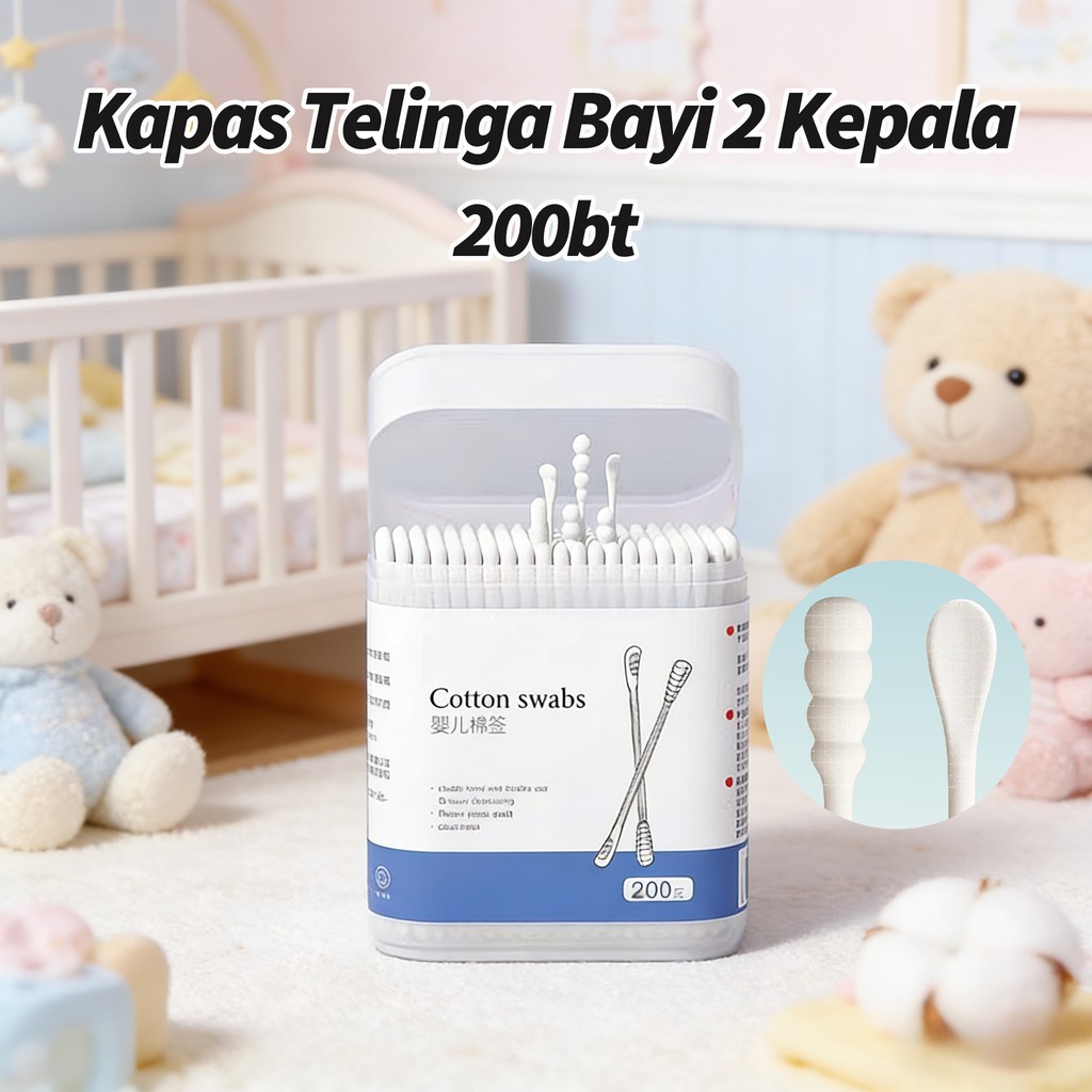 Kapas Telinga Bayi 2 Kepala 200bt, Kapas Murni, Kotak Independen, Aman & Lembut, Alat Pembersih Bayi