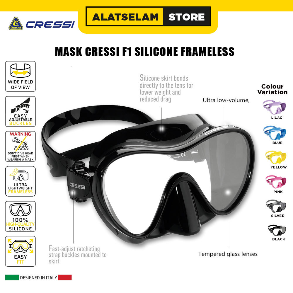 Mask Cressi F1 Silicone Frameless /  Kacamata Cressi Scuba Diving / Kacamata Selam Snorkling Single 