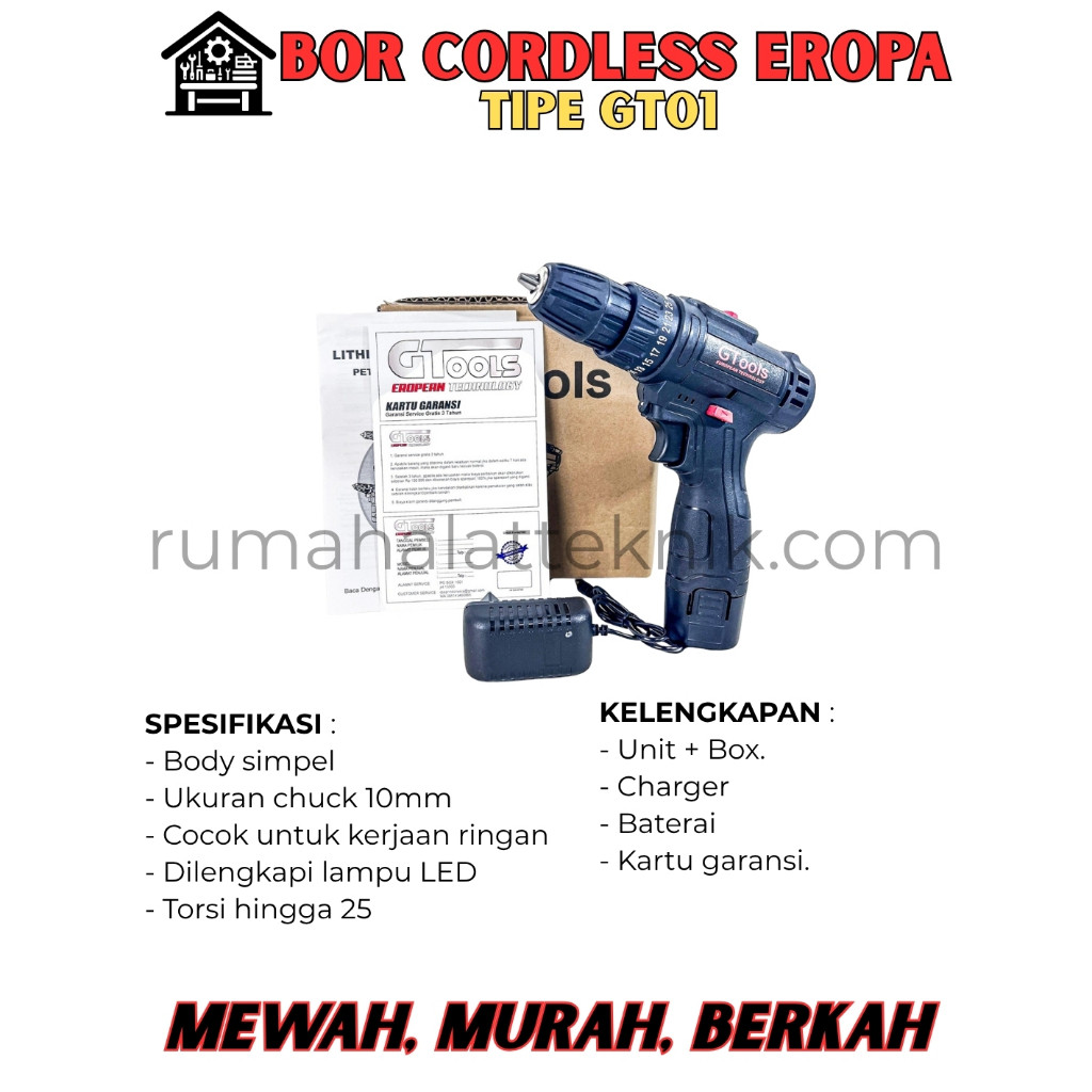 WOKER.ID GTOOLS BOR CORDLESS 12V GTOOLS TYPE GT01 MESIN BOR BATERAI DRILL TEMBOK BESI KAYU SEKRUP FU