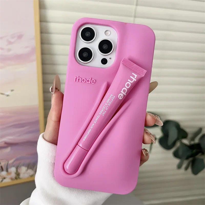 Fashion Rhode DIY Lipstick Lip Holder Soft Silicone Case untuk IPhone 17 16 15 14 13 12 11 Pro Max P