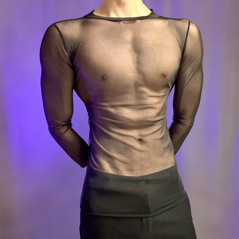 Men's Sexy Lingerie Ultra-thin See-through Slim Fit Long Sleeve Mesh Top
