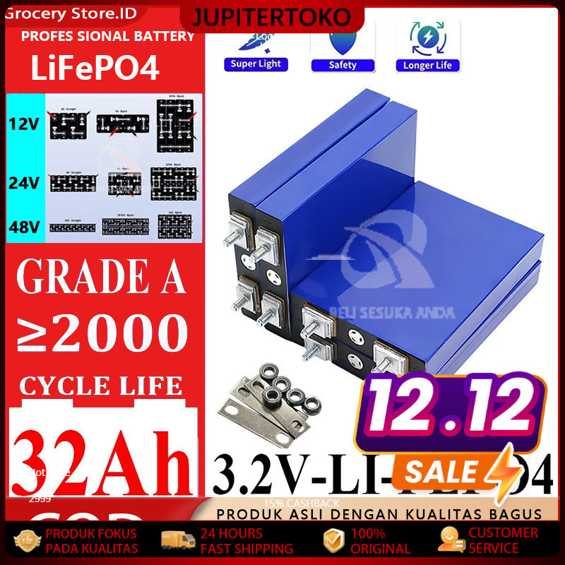 Baterai Lifepo4 3.2V 32Ah Baru 12.8V 30ah 3C 5C Paket Baterai Lithium Fosfat Sepeda Motor Surya Kend