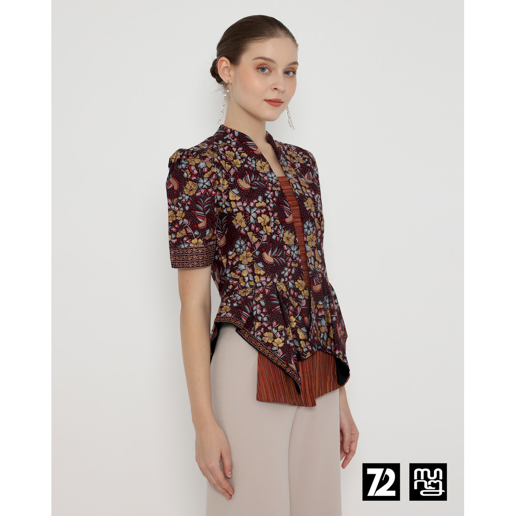 KEBAYA BATIK PREMIUM Modern Blouse Batik Bahan Katun Wanita Seroja Kombinasi Lurik Warna Maroon 72 B