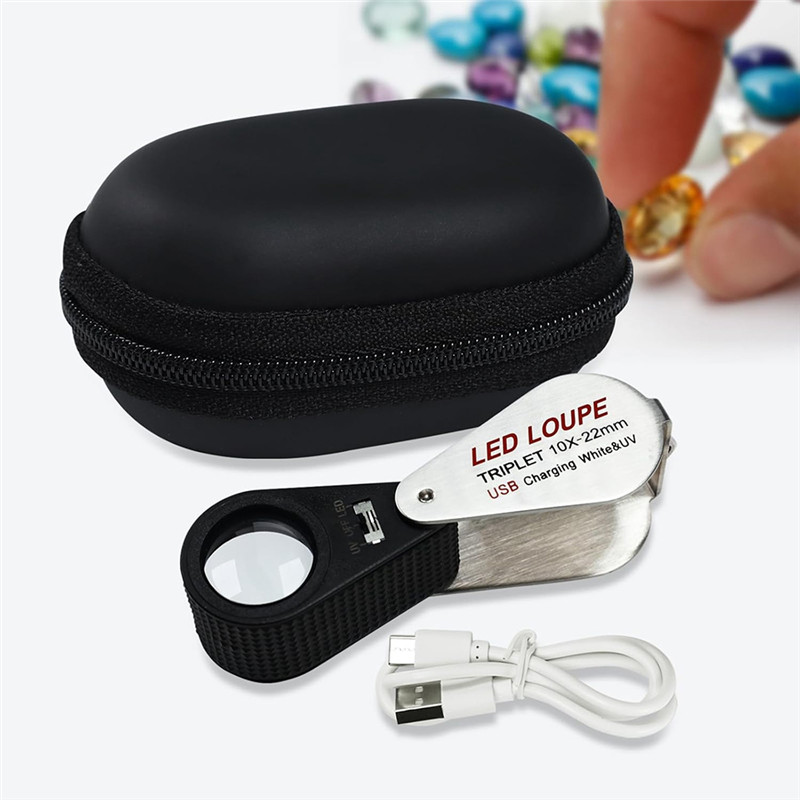 A47U 10X Jewelers Loupe With UV & LED Lights, Rechargeable 10X Loupe Magnifier 22Mm Optical Glass Tr