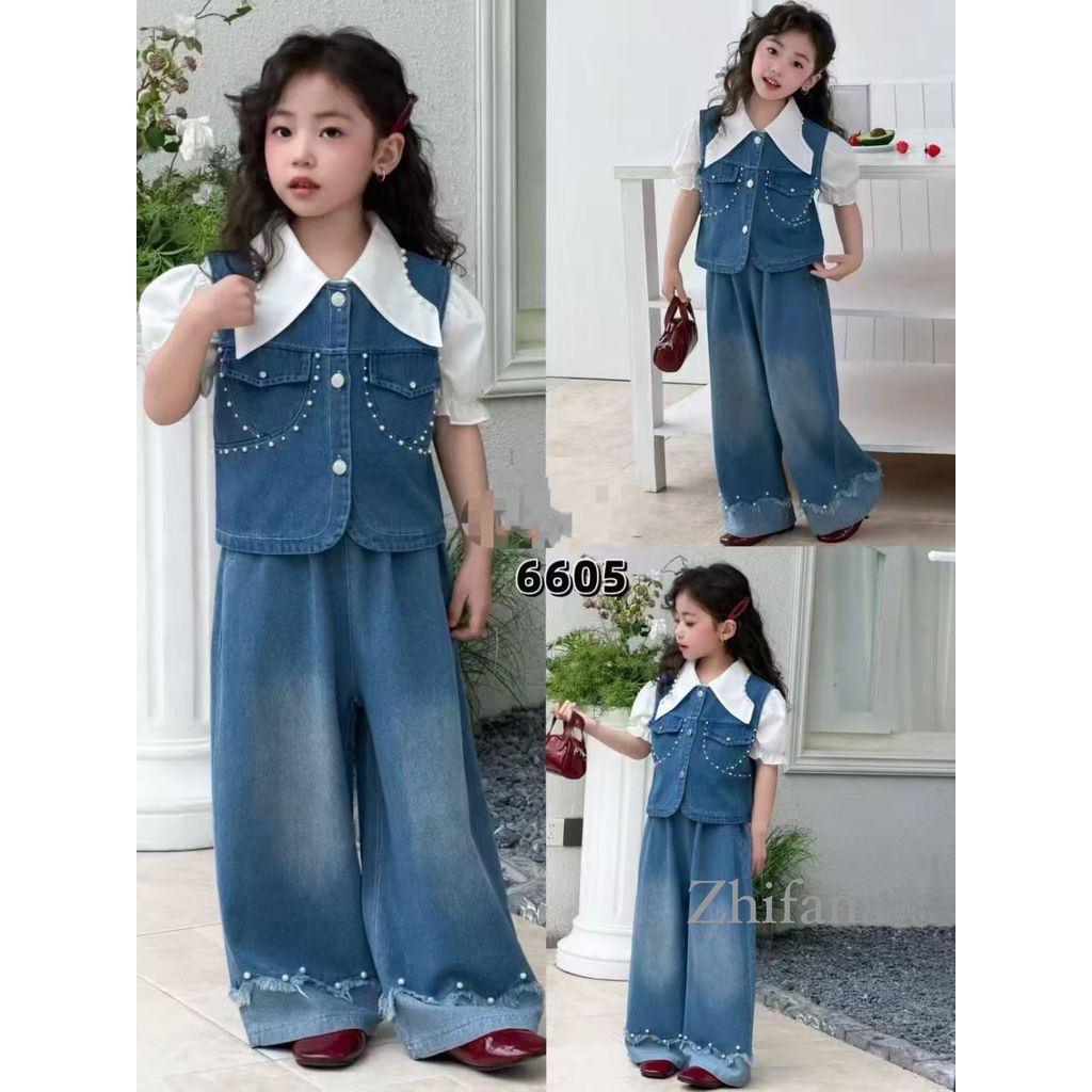 [zs2113] Size 5-8TH 3IN1 Setelan Rompi Jeans Mutiara Kemeja Putih Pendek Setelan Formal Setelan Pest