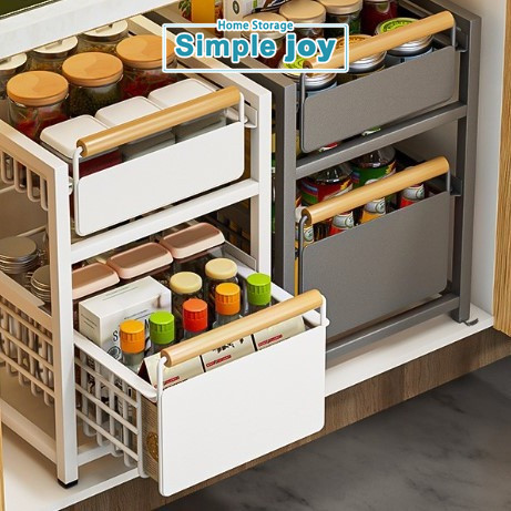SimpleJoy Rak Tarik Kabinet dengan Pegangan Kayu Organizer Bawah Wastafel 2 Susun Rel Besi Stabil