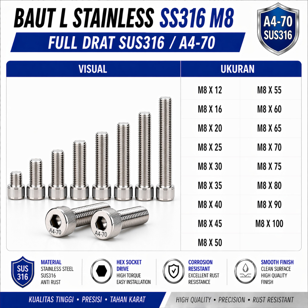 SS316 Baut L Stainless M8X90 / 8X90 / M8 X 90 / 8 X 90 Full Drat SUS316 / A4-70