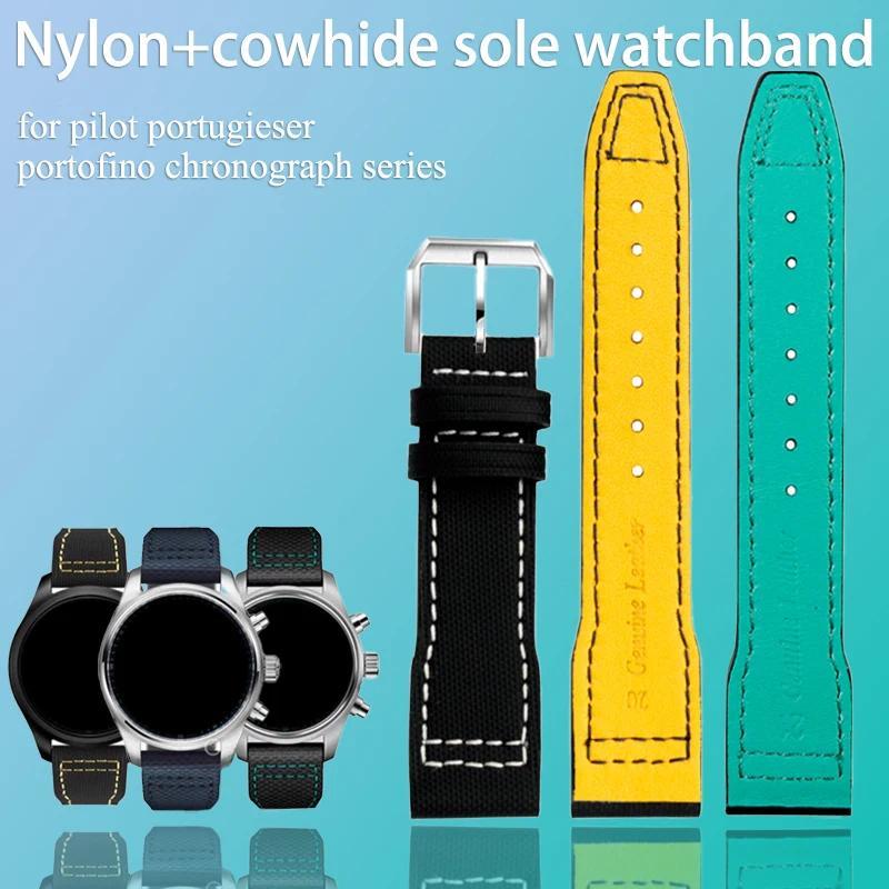 Nylon+cowhide sole watch strap black/blue with yellow/green/black sole watchband For IWC pilot portu