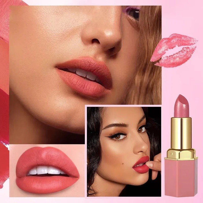 Lipstik 6 Warna Kemasan Tabung Emas Tekstur Mutiara Matte Pigmen Tinggi Tahan Lama Anti Air Mewah El