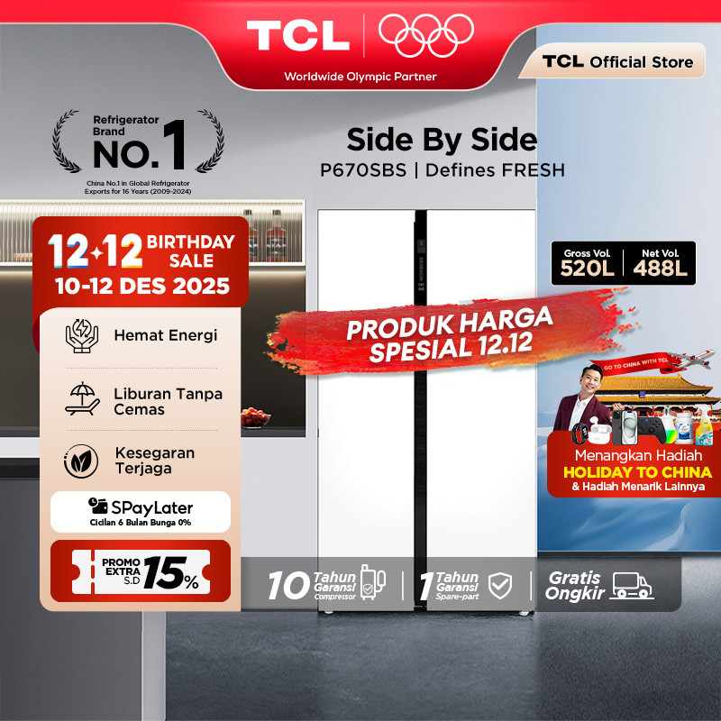 TCL Kulkas 2 Pintu Side by Side - Kapasitas 520L - Holiday Mode - Twin Eco Inverter - AAT Gen 2 Natu