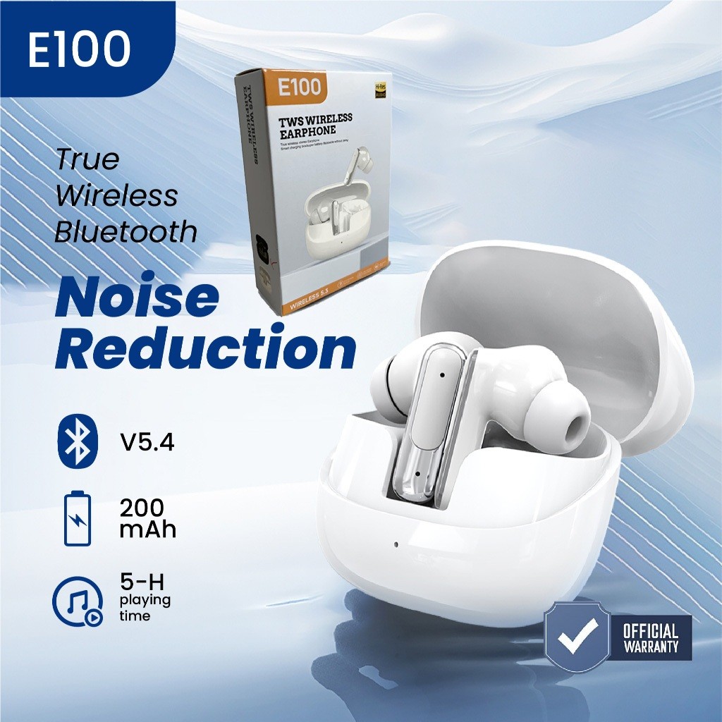 TWS E100 Headset Earbuds Wireless -8mm Moving Coil Suara Jernih Bluetooth V5.4 200mAh 5 Jam Waktu Pu