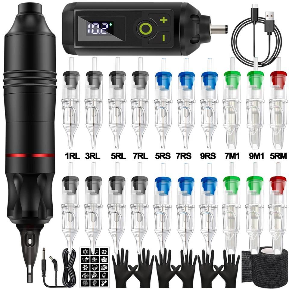 Set Mesin Tato Pena Kit Mesin Tato Nirkabel dengan Jarum Cartridge untuk Seniman Tato Pemula