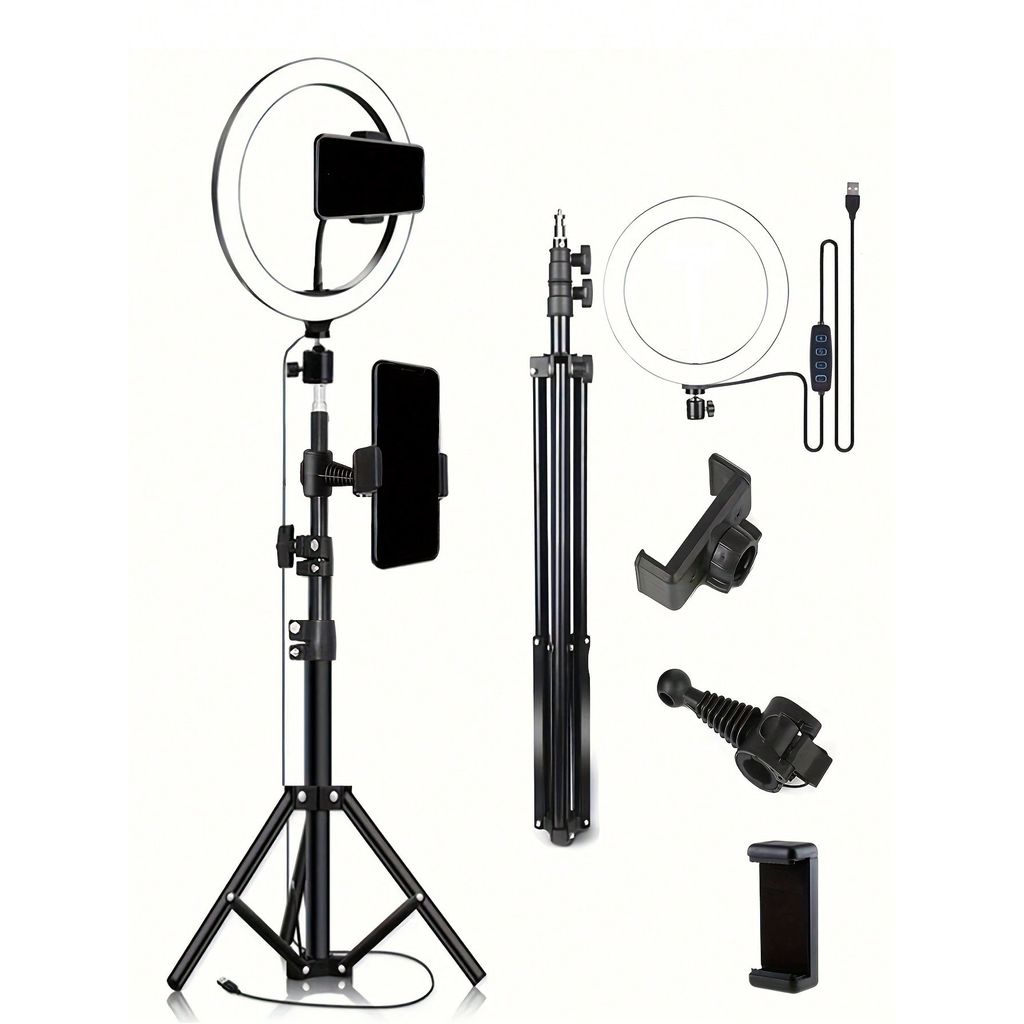 Tripod 110cm + O-clip, dilengkapi dengan lampu cincin 10 inci untuk live streaming dan alat selfie u