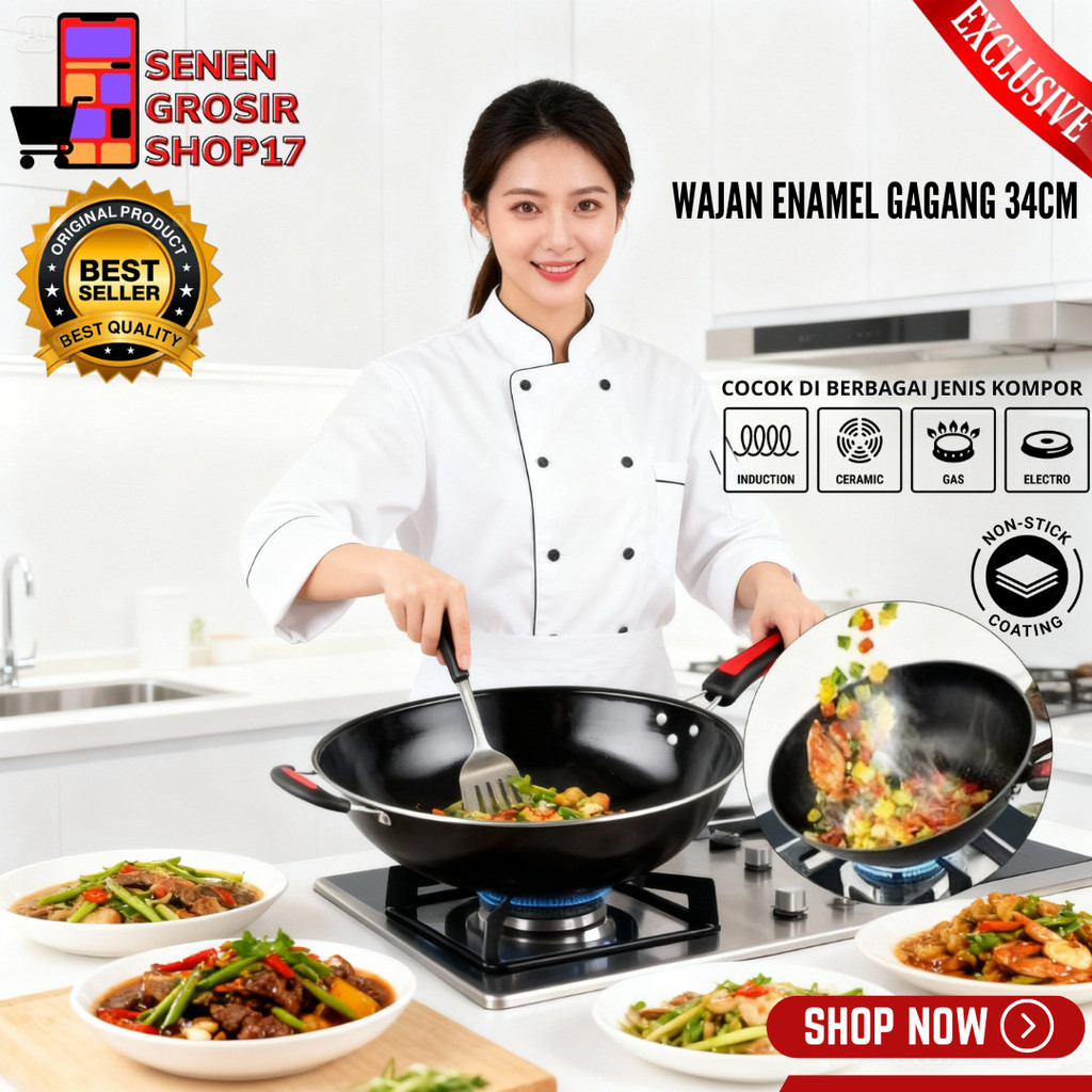 SN COD Wajan GAGANG Hitam Enamel 34CM Anti Gores Lengket Kuali Penggorengan Bulat Besar Jumbo Cekung