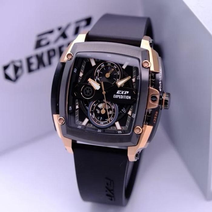 JAM TANGAN PRIA EXPEDITION EXP 3008 / E 3008 / E3008 RUBBER ORIGINAL GARANSI 1 TAHUN - ROSEGOLD BLAC